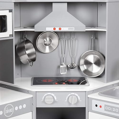 Amazon Basics Kids Corner Wooden Kitchen Toy Playset with Stove, Oven, Sink, Fridge and Accessories, for Toddlers, Preschoolers, Children Age 3+ Years, White & Gray, 39.37"L x 28.35"W x 35.04"H thumbnail 8