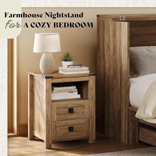 AMERLIFE 18" Farmhouse Nightstand Set of 2, Wooden Bedside Table with 2 Drawers & Open Shelf, Rustic End Table for Bedroom/Living Room, Barnwood thumbnail 3