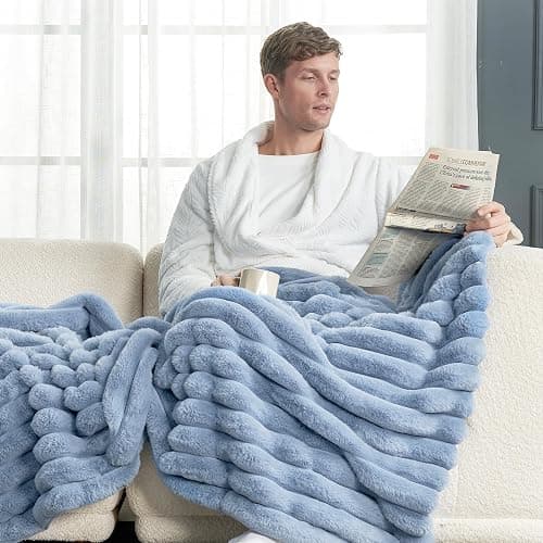 Cozy Bliss Faux Fur Throw Blanket for Couch, Cozy Warm Plush Striped Blanket for Sofa Bedroom Living Room, 50 * 60 Inches Light Blue thumbnail 4