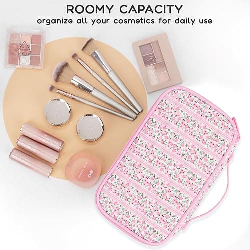 Relavel Cute Makeup Bag for Girls, Portable Pink Cosmetic Bag, Dual-layer Makeup Pouch with Brush Holder, Multi-Functional Preppy Toiletry Organizer for Travel, Daily Use - Pink Flower thumbnail 4