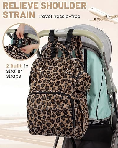 fufazfo Corduroy Diaper Bag Backpack, Large Capacity Multifunction Baby Diaper Bags for Women, Insulated Bottle Pockets & Pacifier Case, Stylish Travel Nappy Changing Bags for Mom Dad (Leopard Brown) thumbnail 7
