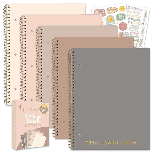Decorably 5-Pack 140 Pages Gold Foiled Spiral Note Books College Ruled with Stickers, 8x10.5in Spiral Bound Cute College Ruled Notebook, 3-Hole Punched, Easy Tear-Off Perforated Pages - Work, School - Image 1