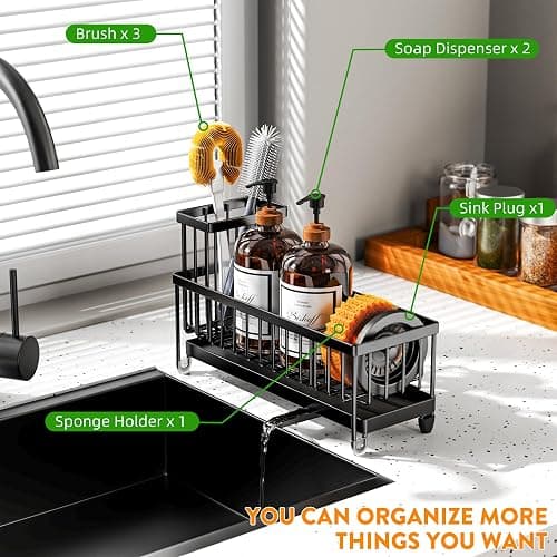 Cisily Sponge Holder for Kitchen Sink, Sink Caddy Organizer with High Brush Holder, Kitchen Countertop Organizers and Storage Essentials, Rustproof 304 Stainless Steel (Large Black, 10.62″) thumbnail 6