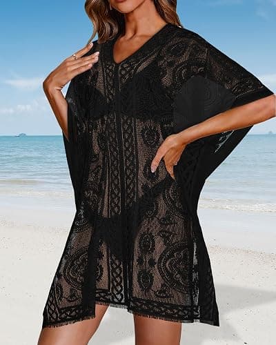Womens Lace Bathing Suit Cover Up V Neck Beach Coverup Summer Swim Coverups Loose Bikini Beach Dress 2026 thumbnail 3