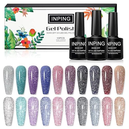 INPING Gel Nail Polish, 10 Colors Reflective Glitter Gel Polish Set, Navy Blue Black Gold Silver Purple Pink Sparkle Shiny Diamond Flash In Darknight UV Nail Varnish for Disco DJ Dazzling Nail Art thumbnail 9