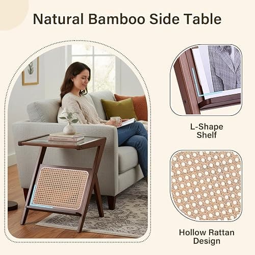 Tiita 2 Pack Rattan Side Table, Mid Century Nightstand, Bamboo Accent Bedside Tables, Glass Coffee Tables, Boho Wooden End Table with Storage for Small Space, Living Room and Bedroom thumbnail 6