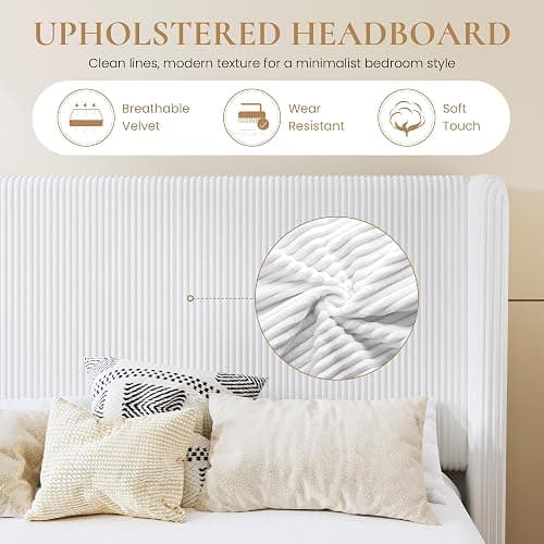 SHA CERLIN Full Size Corduroy Upholstered Platform Bed Frame with Vertical Channel Tufted Wingback Headboard, 8" Under Bed Storage, Wooden Slats & Metal Frame Support, Easy Assembly, White thumbnail 4