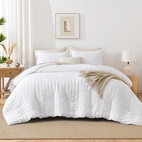 AveLom Seersucker White Comforter Set Full, 3 Pieces- 100% Soft Washed Microfiber Lightweight Comforter with 2 Pillowcases, All Season Down Alternative Bedding Set (80x90 inches) thumbnail 2