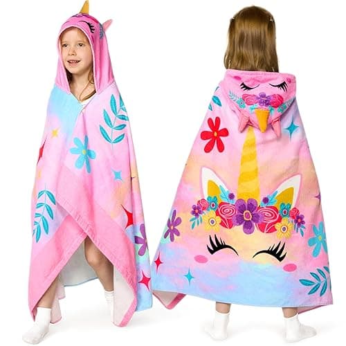 Joiedomi Unicorn Hooded Towels for Kids Soft 100% Cotton Kids Beach Towel 30" x 50" for 3-10 Years Boy Girl Beach Hooded Poncho Absorbent Pool Toddler Swim Bath Wrap