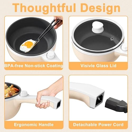Dezin Hot Pot Electric Upgraded, Non-Stick Sauté Pan, Rapid Noodles Electric Pot, 1.5L Mini Portable Hot Pot for Steak, Egg, Fried Rice, Ramen, Oatmeal, Soup with Power Adjustment thumbnail 8