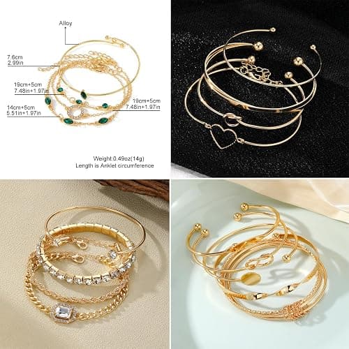 17VKL Gold Bangle Bracelets for Women, 14k Gold Plated Multi Layer Stackable Cuff Bracelets Set, Personalized Boho Non Tarnish Adjustable Bangle Jewelry Gift for Her thumbnail 5