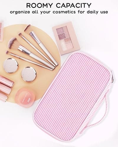 Relavel Cute Makeup Bag for Girls, Portable Pink Cosmetic Bag, Dual-layer Makeup Pouch with Brush Holder, Multi-Functional Preppy Toiletry Organizer for Travel, Daily Use - Pink Strip thumbnail 6