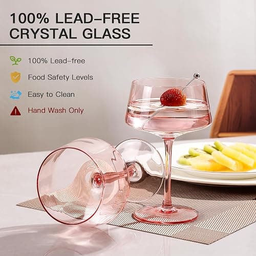 JOVGANK Pink Coupe Glasses Set of 6, Hand Blown Pink Martini Glasses 13Oz, Champagne & Cocktail Luxury Glasses, Bar Manhattan and New Year Martini Glass, Christmas gifts for Ice Cream Dessert thumbnail 4