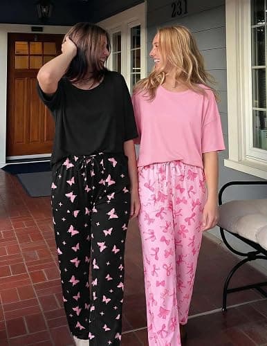 Ekouaer 2 Pack Womens Pajama Sets Short Sleeve Tops and Long Pants Casual Comfy Pjs Lounge Set with Pockets,S-XXL thumbnail 4
