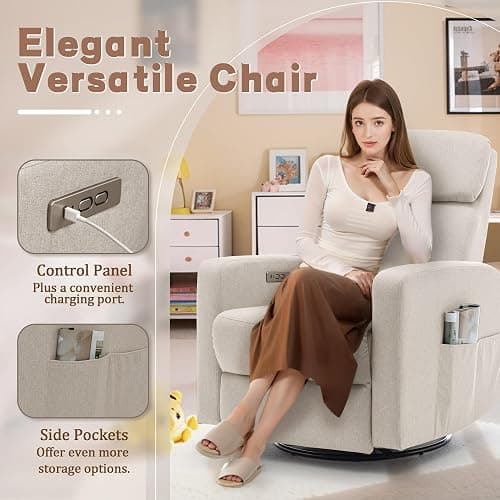 Korser Power Swivel Recliner Chairs for Adults, Electric Glider Rocking Chair Nursery, Glider Recliner Nursery Chair with Classified Side Pocket, Nursery Rocking Chairs with USB and Type-C Ports thumbnail 6