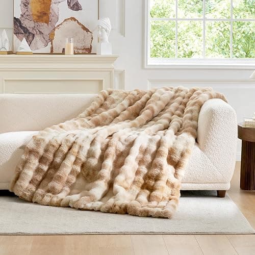Cozy Bliss Faux Fur Throw Blanket for Couch, Fuzzy Soft Plush Thick Bubble Blanket for Sofa Bedroom Living Room, 50 * 60 Inches Tie-dye Beige thumbnail 7