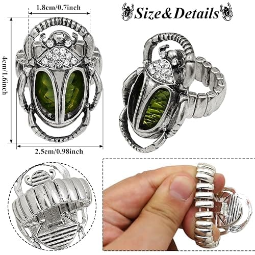 Q&Q Fashion Silver Plated Vintage Egyptian Cleopatra khepri Scarab Beetle Green Rhinestone Stretch Finger Ring thumbnail 7