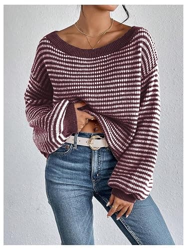SOLY HUX Women's Off The Shoulder Striped Sweaters Oversized Long Sleeve Knit Pullover Tops thumbnail 4