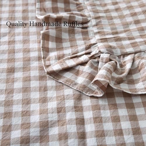 Silnuo Taupe/White Plaid Ruffled Pillow Covers Queen Size Set of 2, Washed Cotton Shabby Checkered Gingham Pillow Shams 20"x30" thumbnail 5