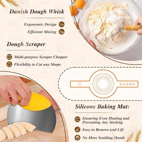 Banneton Basket Set of 2, 10" Oval & 9.7" Round Banneton Bread Proofing Basket with Liners, Bread Lame, Silicone Baking Mat, Danish Whisk, Brush, Proofing Bowls Sourdough Starter Kit Tools thumbnail 7