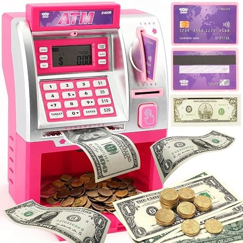 TOY Life Pink Kids ATM Piggy Bank, Money Counter, Ages 5-10 | LCD display screen, code-lock security, teaches counting & saving skills, builds number recognition thumbnail 2