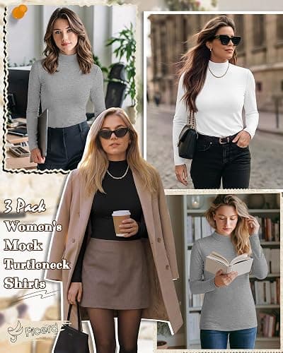 Ficerd 3 Pack Women's Mock Turtleneck Tops Long Sleeve | Mock Neck Shirts, Ladies' Casual Basic Tees, Stretch Undershirts, Soft Business Outfits, Fall Winter Clothes 2026 Trendy thumbnail 2