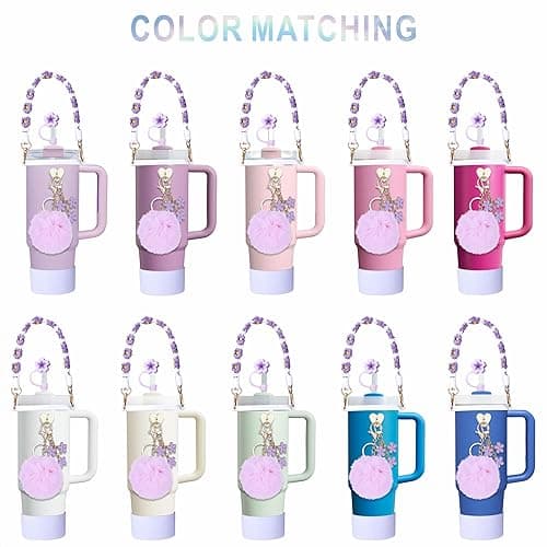 Stanley Tumbler Accessories - 7pc Set for 30/40 oz Cup, Including Handle Strap, Cup Boot, Straw Cover, Plush Ball and Key Charm, Purple - Purple thumbnail 3