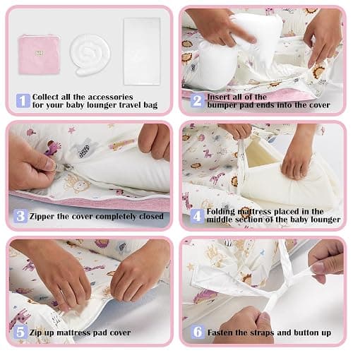 Loevin Baby Lounger for Newborns & Infants 0–24 Months, 100% Cotton Breathable Infant Support Cushion with Adjustable Size, Portable Baby Nest for Home and Travel, Baby Shower Gift (Animal World Pink) thumbnail 8