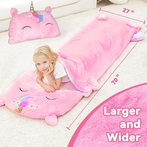 iPlay, iLearn Kids Unicorn Sleeping Bag, Toddler Girl Nap Mat, Plush Animal Slumber Bag 2 In 1 Pink Pillow Daycare Preschool Kindergarten Birthday Gift Travel Sleepover 3 4 5 6 7 8 10 12 Yr Child Teen thumbnail 2