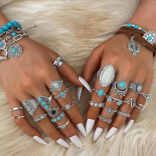 IFKM Bohemian Jewelry Set With Turquoise Necklace, Dangle Earrings, Stackable Bangle Bracelets, Knuckle Rings For Women Vintage Western Boho Turquoise Anniversary Birthday Friendship Gift thumbnail 3