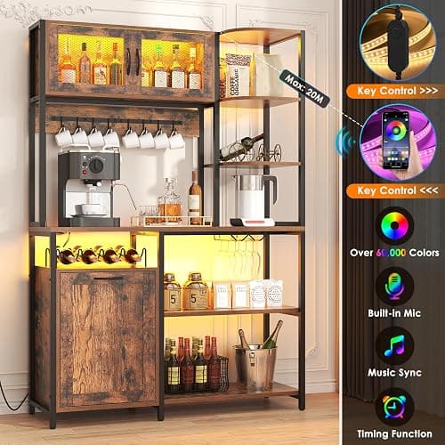 Bigbiglife Bakers Rack with Power Outlet and LED Light, 42.5 inch Industrial Coffee Bar Cabinet with Trash Can Storage Bin Cabinet, Microwave Stand with Storage for Kitchen, Living Room thumbnail 4