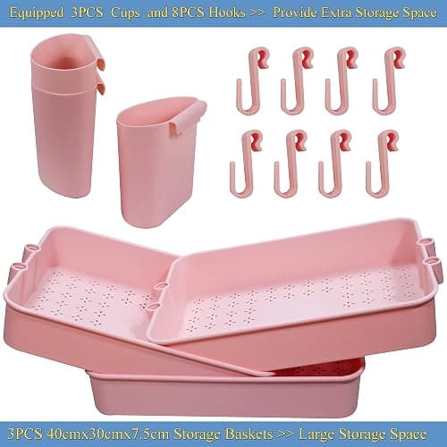 Piowio 3 Tier Utility Rolling Cart Multifunction Organizer Shelf Storage Cart with 3 Pieces Cups and 8 Pieces Hooks for Home Kitchen Bathroom Laundry Room Office Store etc. (Pink) thumbnail 4