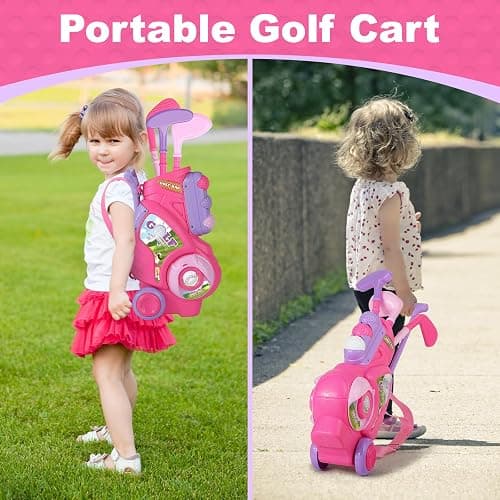 Jovizo Toddler Golf Set for Girls Boys 2 3 4 Years Old, Upgraded Kids Golf Cart with 3 Clubs & 8 Balls, Outdoor Indoor Sports Toys Birthday Gift, Pink - golf set thumbnail 7