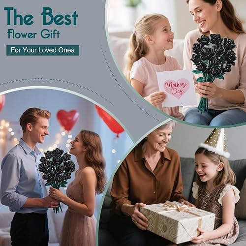 Black Roses Bouquet Building Set, 634Pcs Artificial Roses with 3 Blooming Stages, DIY Floral Home Office Decor for Women, Adults & Kids Ages 6+, Gift for Birthday Valentine's Day Halloween Christmas thumbnail 7
