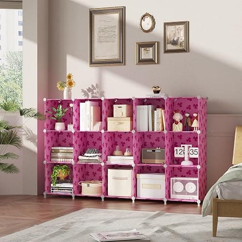 UNKU Cube Storage Organizer, 15 Cube Closet Organizer Storage Shelves, DIY Stackable Bookcase, Clothes Organizer Shelf for Closet, Bedroom, Living Room, Cabinet, Home, Office, Pink thumbnail 2