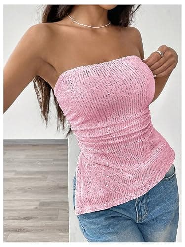 SOLY HUX Women's Sequin Tube Tops Sparkly Strapless Sleeveless Bandeau Split Asymmetric Hem Top Party Clubwear thumbnail 4