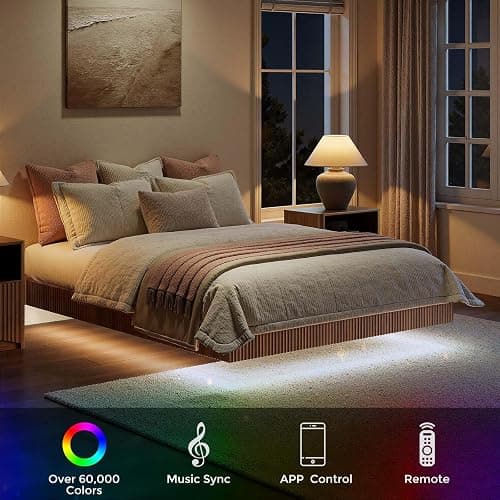 Evermagin Walnut Queen Floating Bed Frame with led Lights, Fluted Platform Bed No Headboard, Heavy Duty Mid Century Modern Float Metal Bedframe, No Box Spring Needed (Walnut, Queen-10in high) thumbnail 3