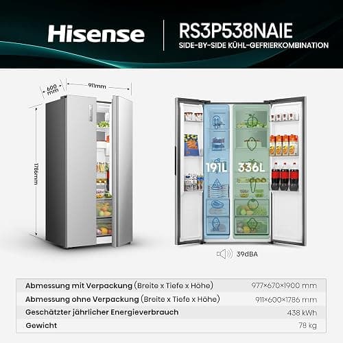 Hisense RS3P538NAIE Kühl-Gefrierkombination/Side by Side/Freistehend/ 527 L/EEK: E/ 39 dB/Perfekt Kitchen Fit/Boden-Kühlsystem/Meta-Tech Cooling/Total No Frost/ (BxHxT): 91,1×178,6×60 cm/Grau thumbnail 3