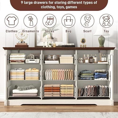 Farmhouse Wood 9 Drawer Dresser for Bedroom,Embossed Roman Column Wood Rustic 63 Inch Wide Dresser & Chest of Drawers with Rustic Handles,Tall Storage Organizer for Bedroom(Antique White) thumbnail 5