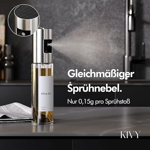 KIVY Glas Ölsprüher 2er Set - Präzise Öl Sprühflasche mit feinem Sprühnebel - Innovatives Spray mit Portionskontrolle - Öl Sprühflasche für Olivenöl & Speiseöl (Glas, Einzeln) thumbnail 3
