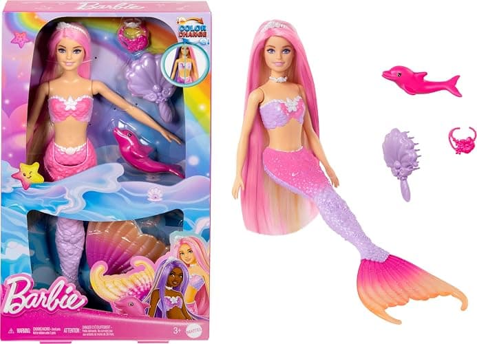 Barbie Mermaid Doll, “Malibu” with Pink Hair, Styling Accessories, Pet Dolphin and Water-Activated Color Change Feature - Multicolor - Image 1
