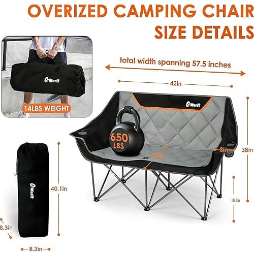 EMERIT Oversized Camping Chair with 650LB Capacity - Heavy Duty Folding Loveseat Camping Couch with Deep Seat & Rip-Resistant Fabric, Padded Comfort, Cup Holders for Outdoor, Lawn & Sports. thumbnail 3