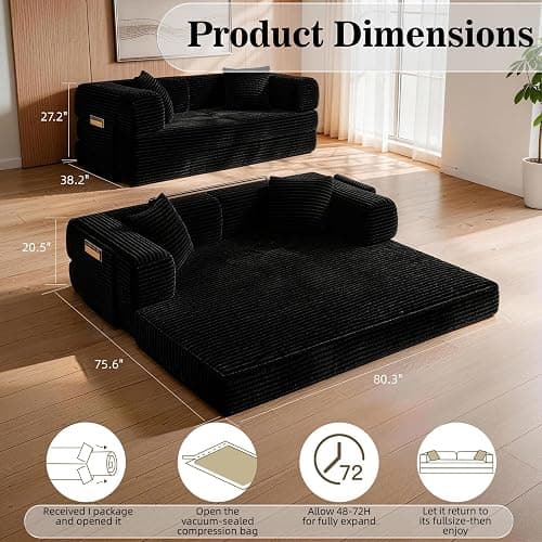 AUGOP Boneless Couch Folding Couches for Living Room Sofa, Futon Sofa Bed with Sleeper Sofa, Futon Couch with Fixed-Shape Oversized Corduroy Upholstered (Black, 81 Inches) thumbnail 3