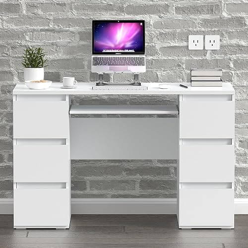 YESER Computer Desk with 6 Drawers, White PC Laptop Desk with Storage & Shelf, Modern Work Study Writing Table for Bedroom, Thick Wood Desks for Home Office, Vanity Makeup Desk, White - White thumbnail 4