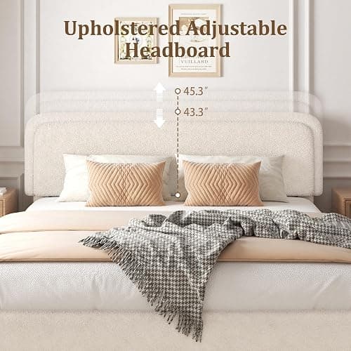SwnftWinnt Queen Size Boucle Bed Frame with Adjustable Headboard, Upholstered Cloud Platform Bed, Anti-Collision Soft Rounded Corners, No Box Spring Needed, Easy Assembly, Noise Free, Beige thumbnail 3