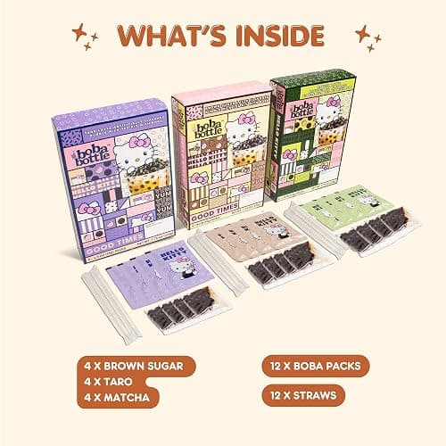 Hello Kitty Instant Boba Milk Tea Variety Kit, Brown Sugar, Taro, Match Flavor, with Taiwan Tapioca Pearls, Paper Straws Included (12 Servings) thumbnail 2