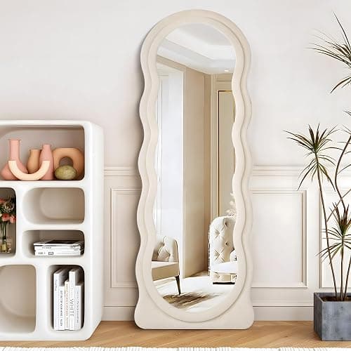 CILIBER Wavy Mirror Full Length, 63" x 24" Irregular Mirror, Large Wall Mirror Wave Pattern, Flannel Wrapped Wooden Frame Full Body Mirror Hanging or Leaning Against The Wall for Bedroom, Living Room thumbnail 3