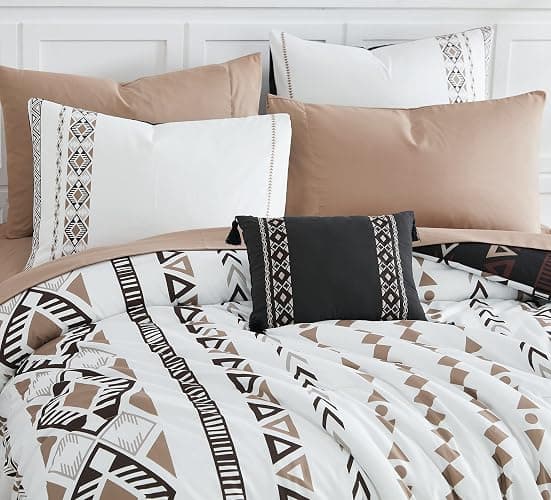 King Size Comforter Set - 7 Pieces Western Bedding Reversible Bed in a Bag | Boho Bedding, All Season Aztec Bed Set with Comforter, Sheets, Pillowcases & Shams, Brown thumbnail 7