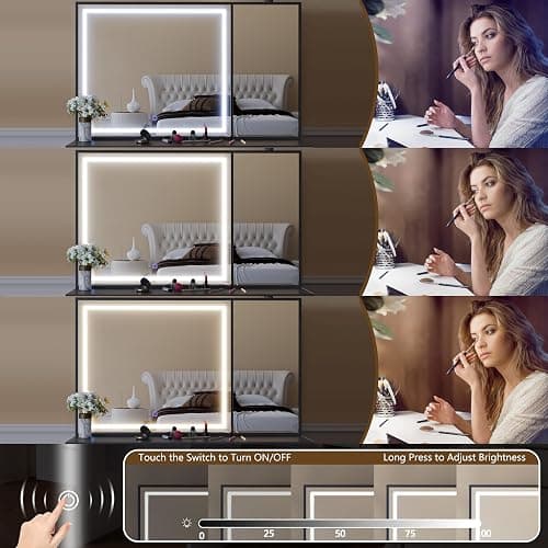 Jartoil Vanity Desk with Large Mirror and Lights, Black Makeup Vanity with 7 Drawers, Adjustable Brightness Vanity Table with Glass Door Cabinet, Modern Vanity Set with Stool for Bedroom thumbnail 7