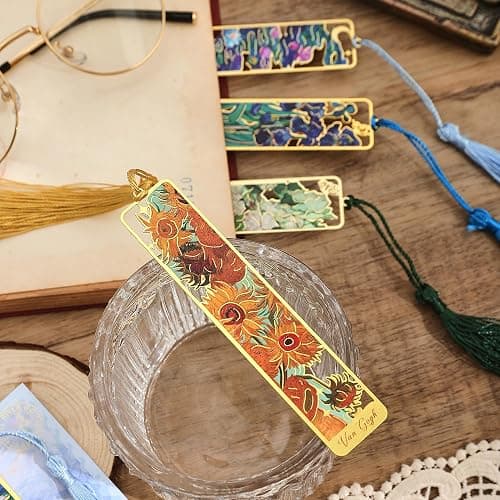 4 Pieces Metal Bookmarks with Tassel, Golden Hollow Bookmark Oil Painting Theme Book Mark Bookmarks for Book Lovers Writers Readers Children Teens Men Women Adults thumbnail 4